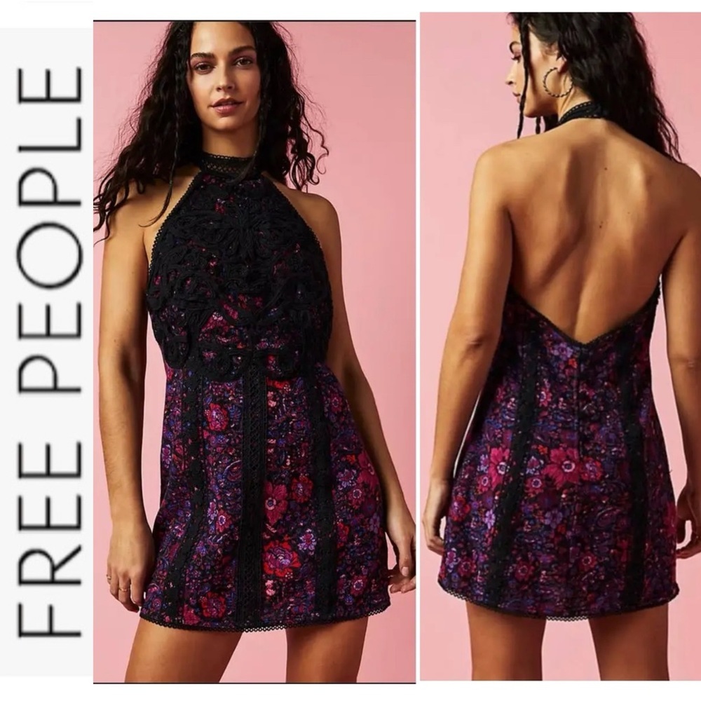 NWT Free People Miss You Mini Dress HALTER purple motif 4